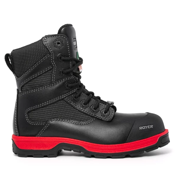 Royer 5700GT AGILITY 8" leather work boots with abrasion-resistant fabric and GTR red sole. Color: Black/Red. | IGO Pro