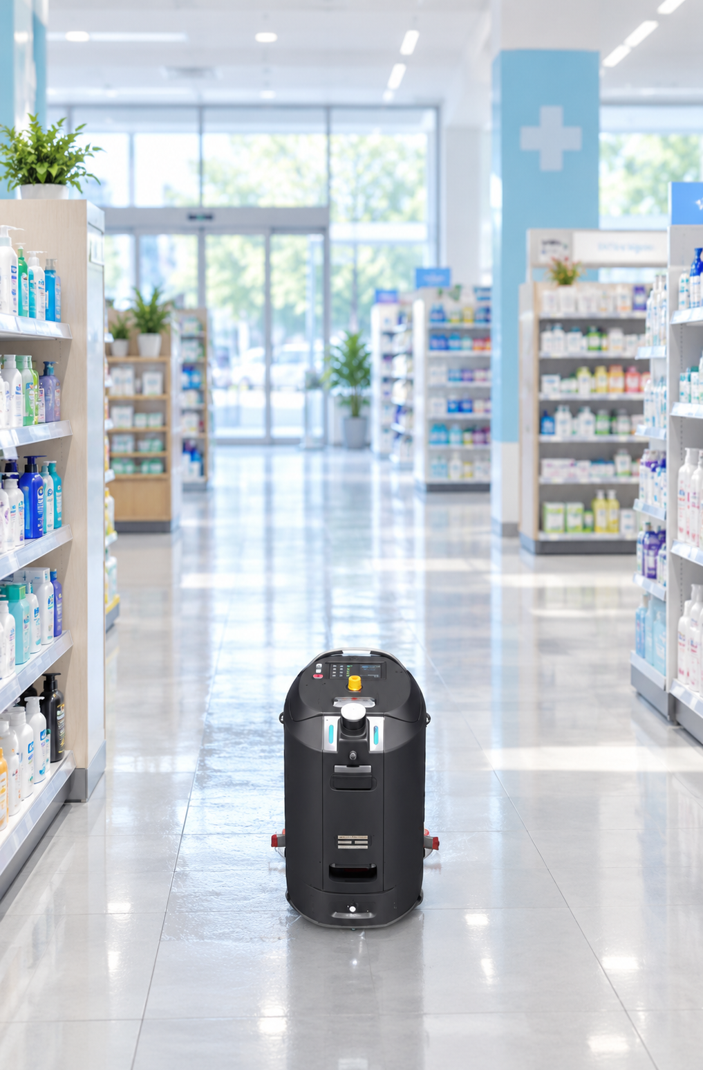 Autolaveuse autonome CenoBots L4 dans une pharmacie lumineuse